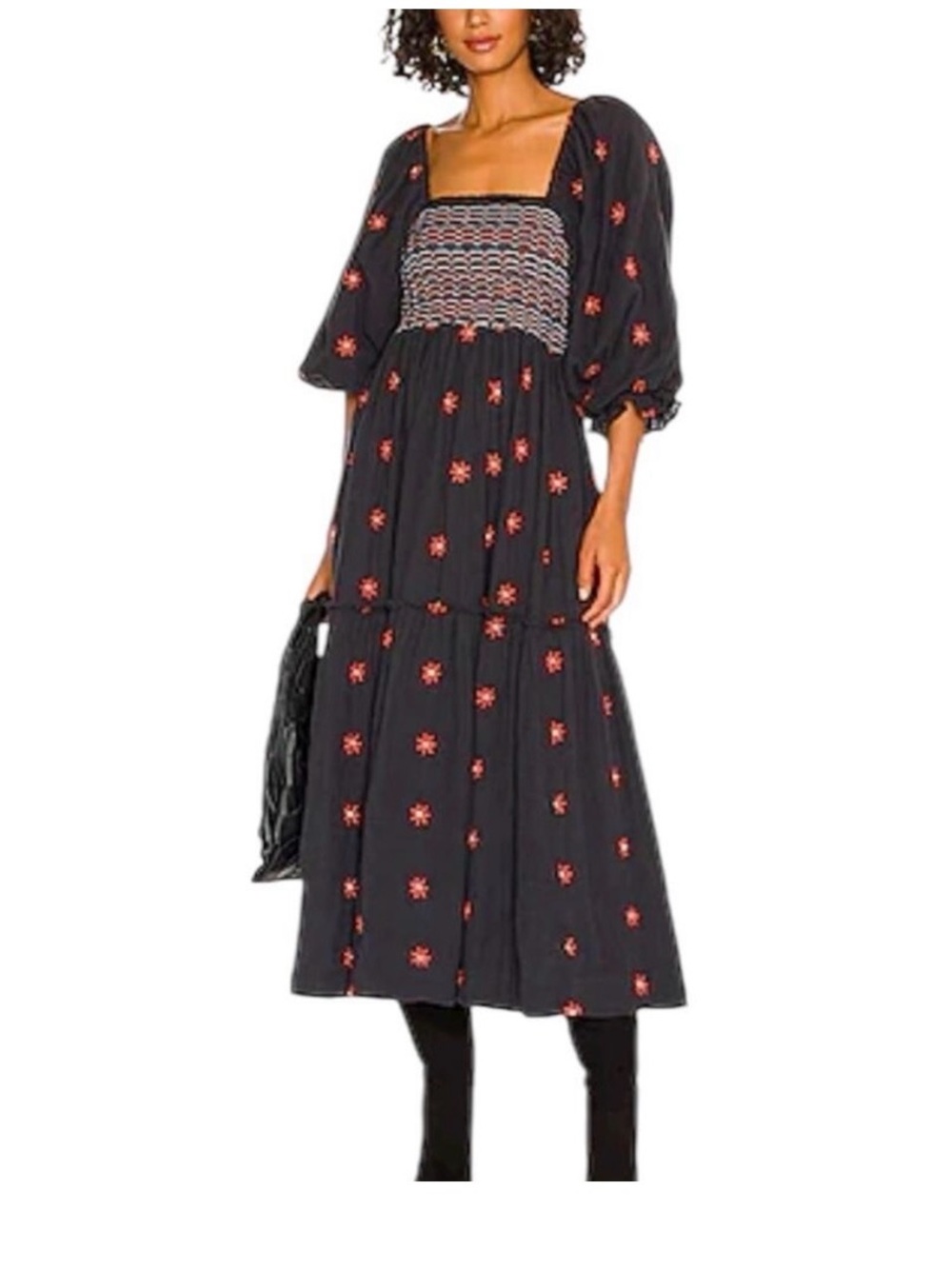 Free People Dahlia Embroidered Black Dress Puff Sleeve Brown size Small